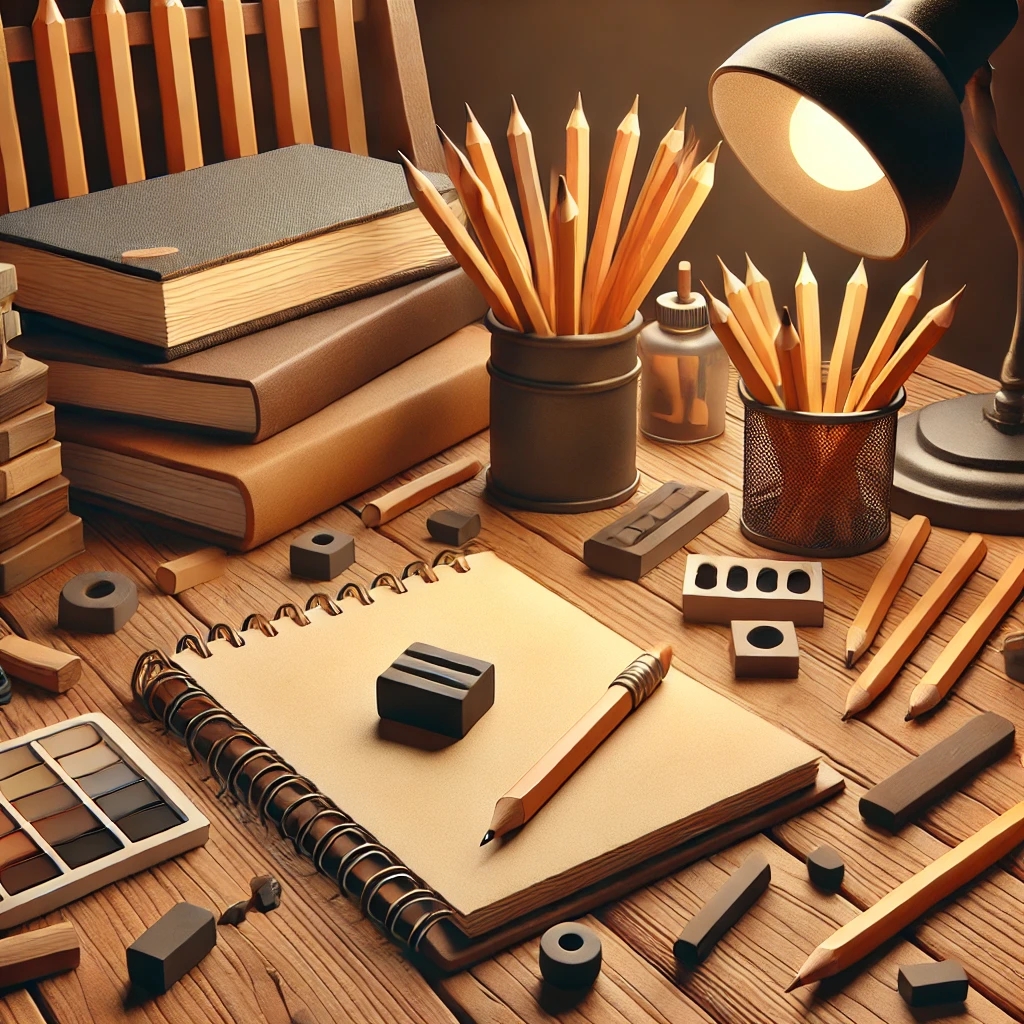 Cartoon-style pencil and charcoal tools